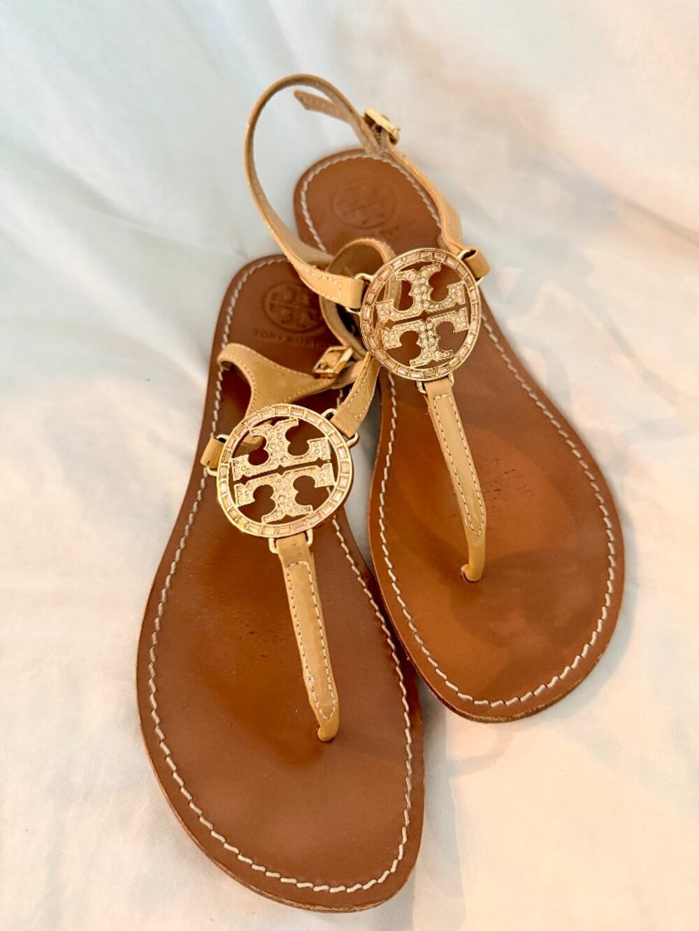 Tory Burch Miller Sandals Tan Leather Logo Medallion Size 9.5